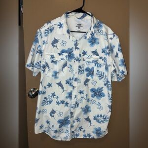 AFTCO Blue and White Fishing Print Shirt